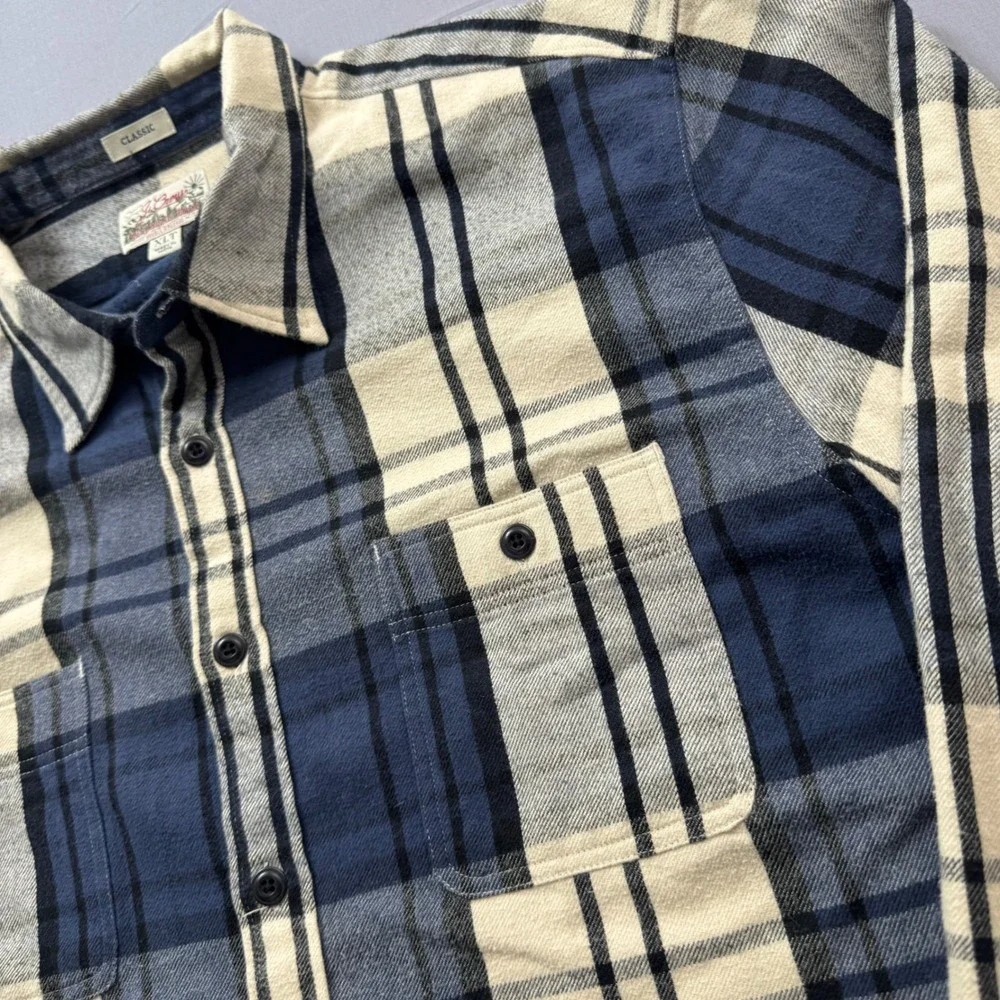 J. Crew Mid-Weight Flannel Shirt Men XLT Blue Cream Plaid Double Brushed Classic